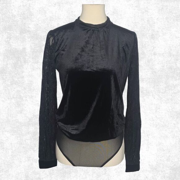 Jealous Tomato Tops - Jealous Tomato Black Velvet Lace Sleeve Bodysuit – Goth Glam Keyhole Back S